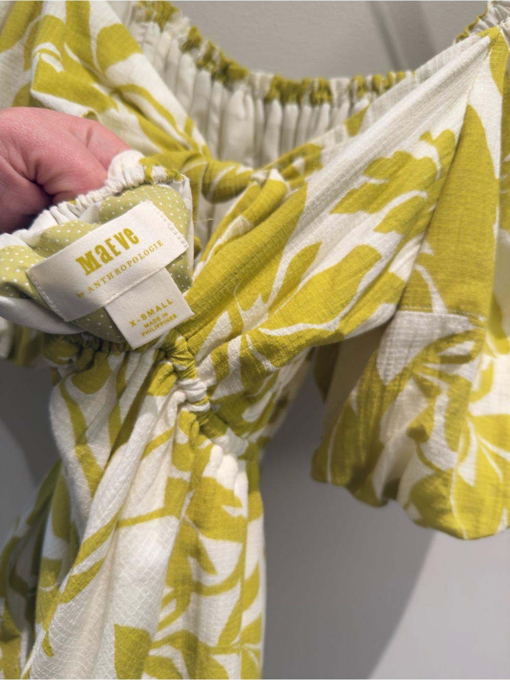 Maeve By Anthropologie Puff Sleeve Mini Dress Citron White Floral Size XS Womens - Picture 5 of 9